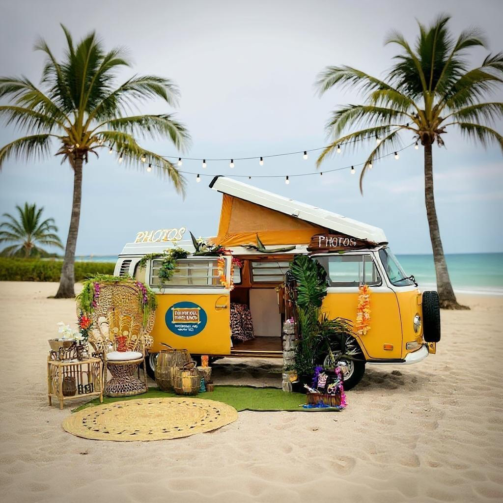Tiki Bus is parked on beach for tropical theme wedding party