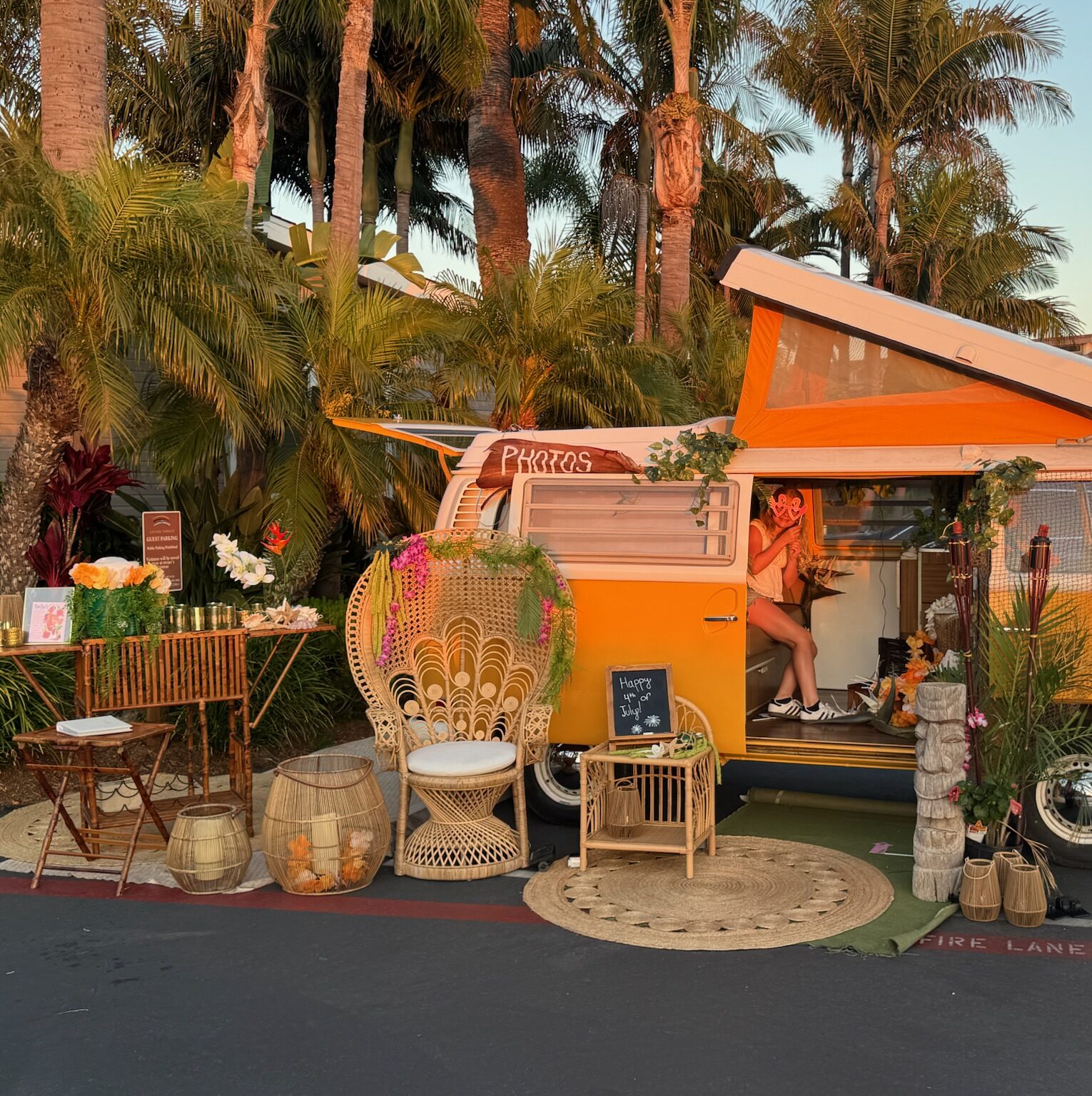 The Tiki Bar Bus is set up for a party with hawaiian decor
